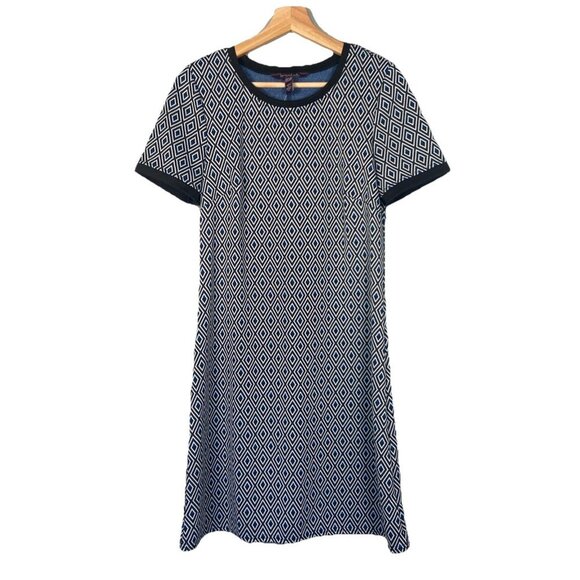 Long Tall Sally Tunic Dress Short Sleeve Blue Black Diamond Jacquard Size 6 - Picture 1 of 9